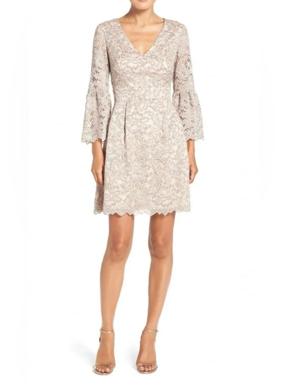 Eliza J Lavender Grey Lace V-Neck Fit & Flare Dress
